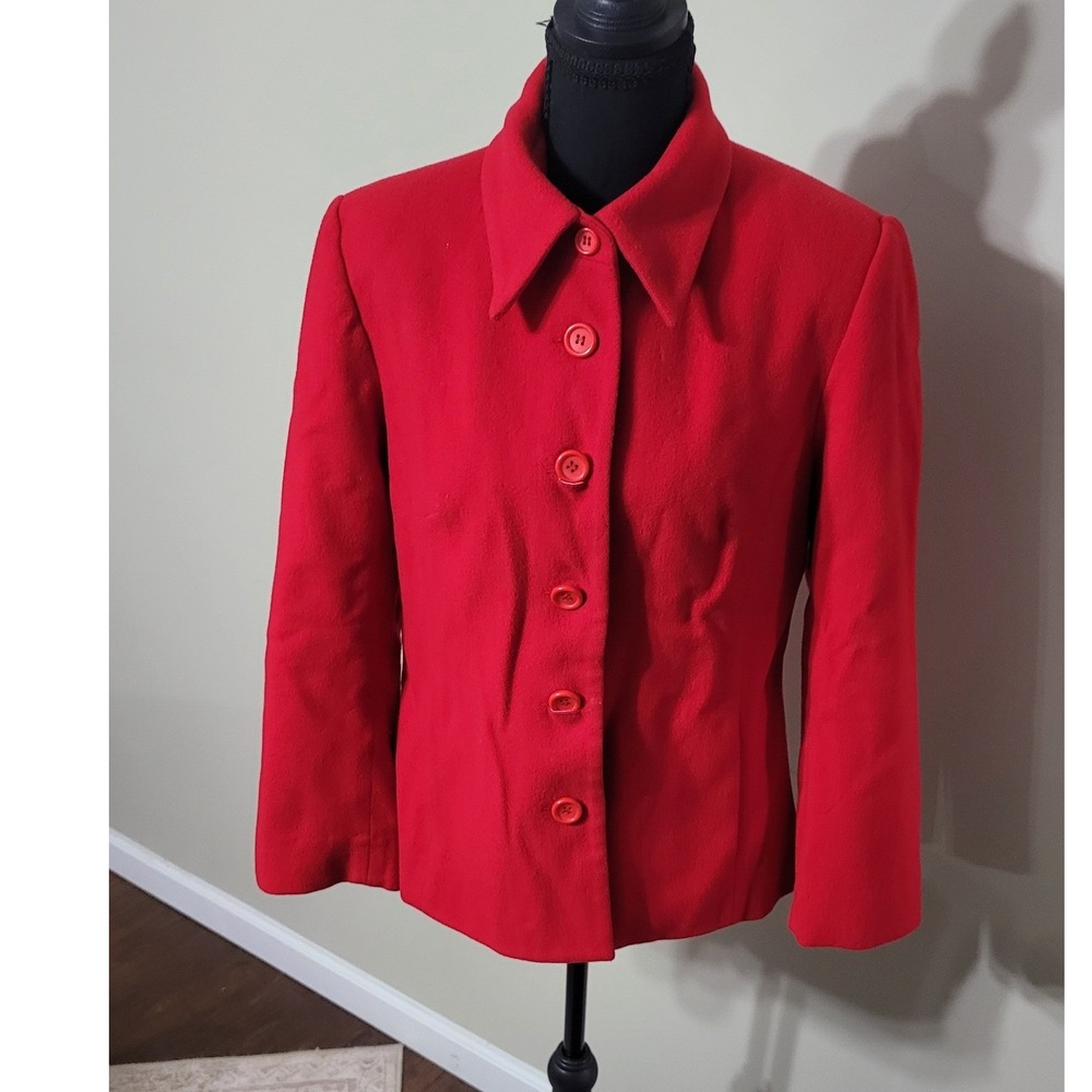 Louben Red Wool Cashmere Blend Button Front Blazer Jacket Made in Canada Size 8